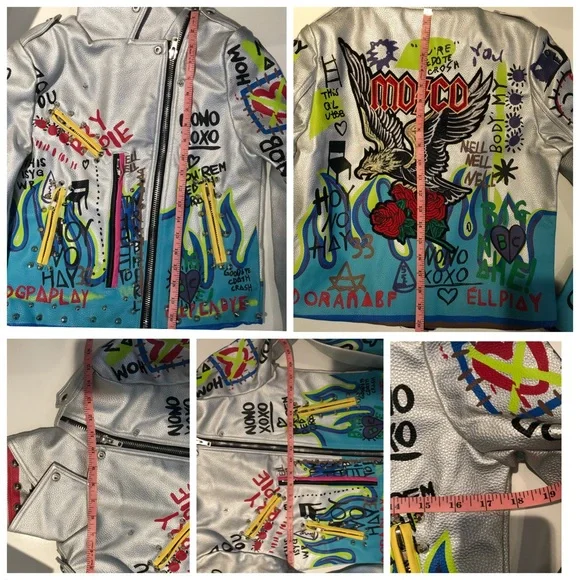 ❌SOLD❌ NWT Graffiti Punk, Rock & Roll Multi Color Graphic Spike & Rivet Moto,XL - Picture 14 of 16